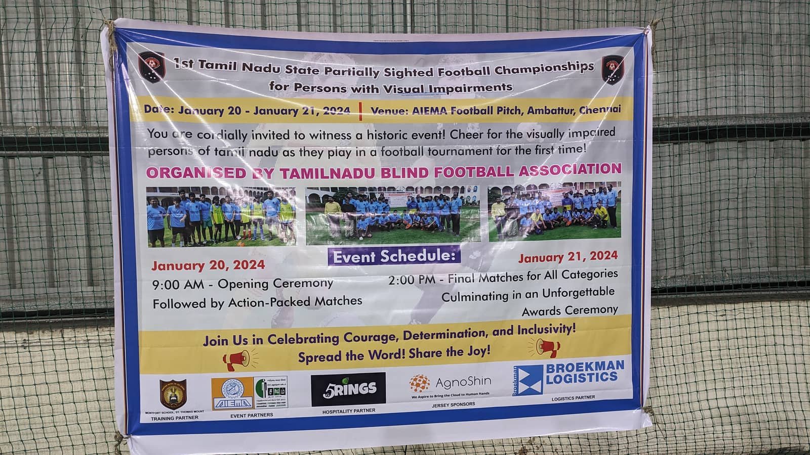 Teams seated on the indoor turf at the Tamil Nadu Blind Football Association state championship held at 5rings
