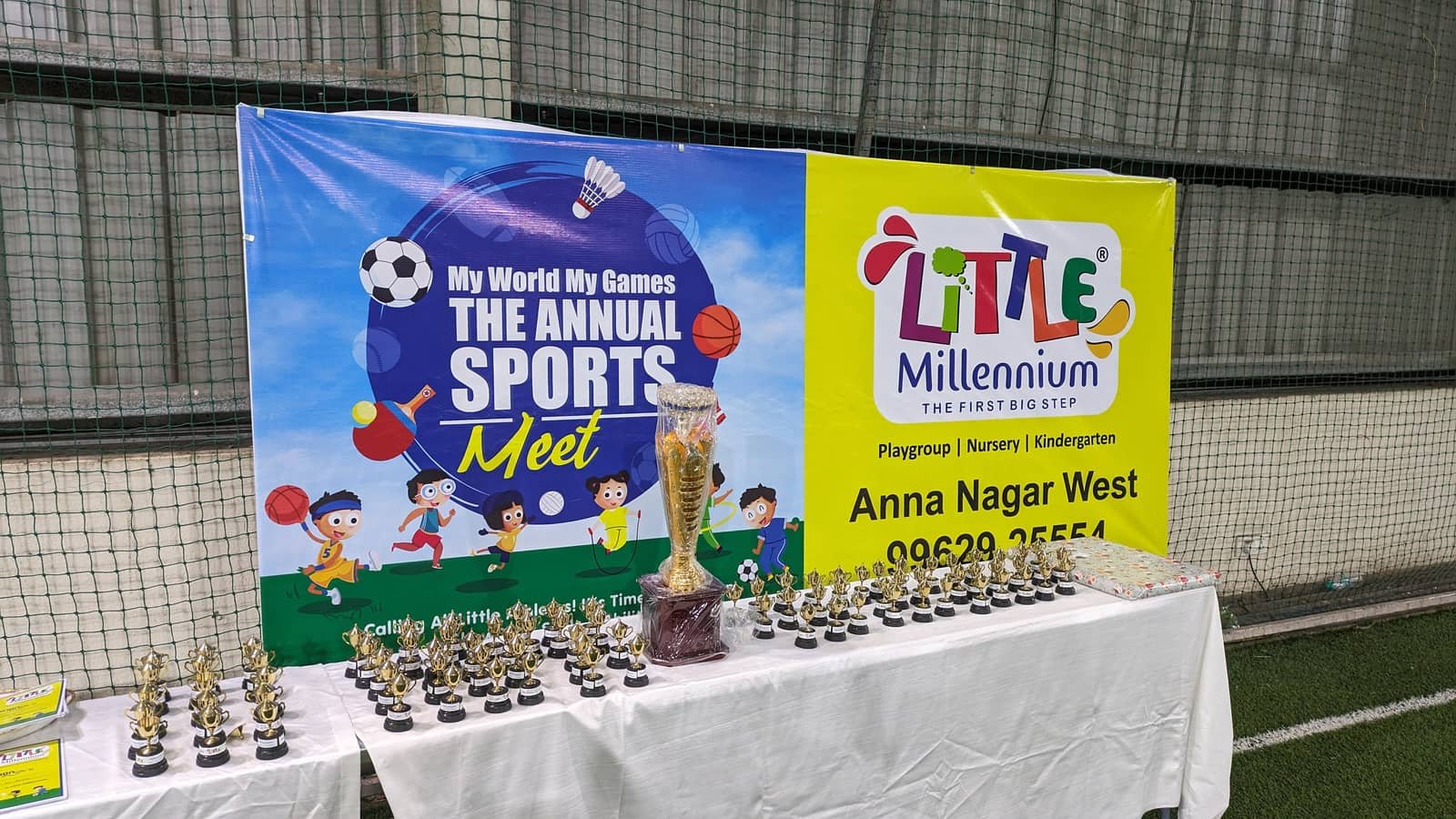 Trophies and prize table set up for a preschool annual sports meet at 5rings